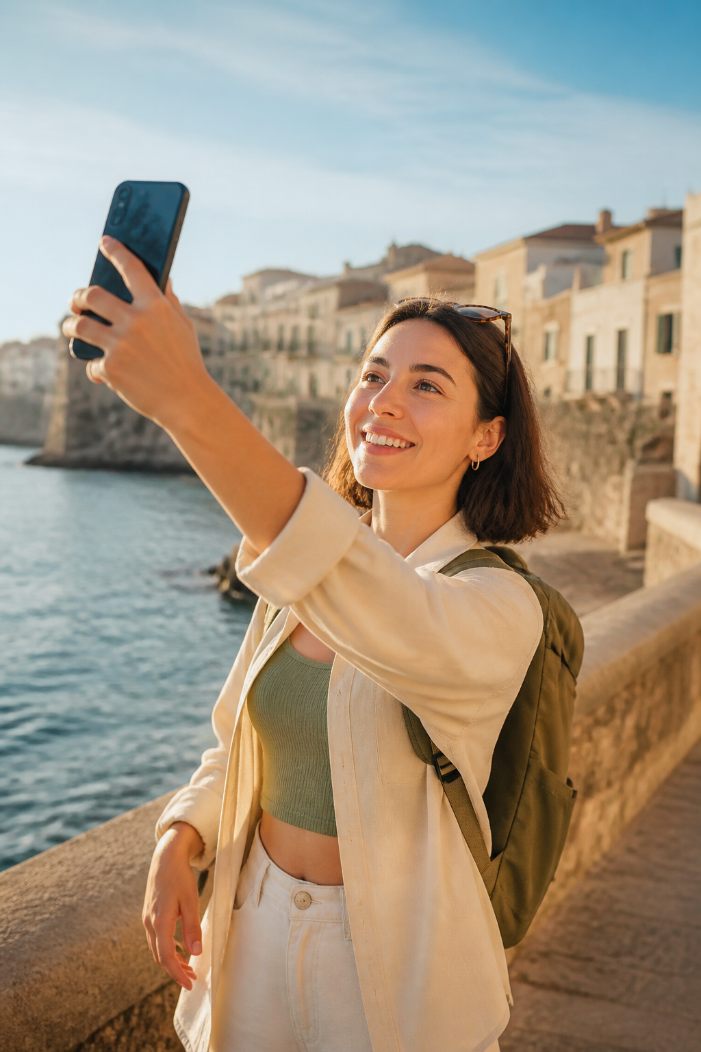 Creator filming a short travel video on her phone